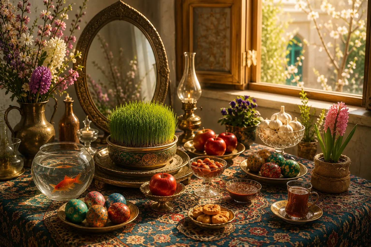 تقویم شمسی و مناسبت فصلی؛ سفره‌ی نوروز با سبزه و آینه در نور بهار