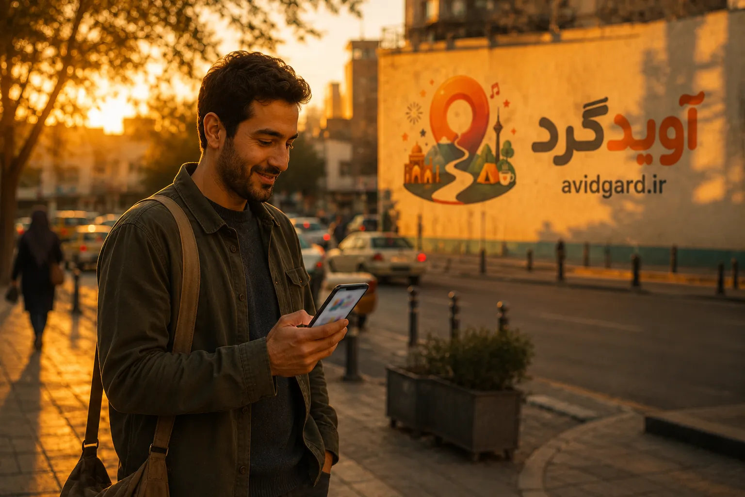 دریافتِ خبرِ تاییدِ پاداش روی گوشی، در خیابانِ شهر هنگامِ غروب