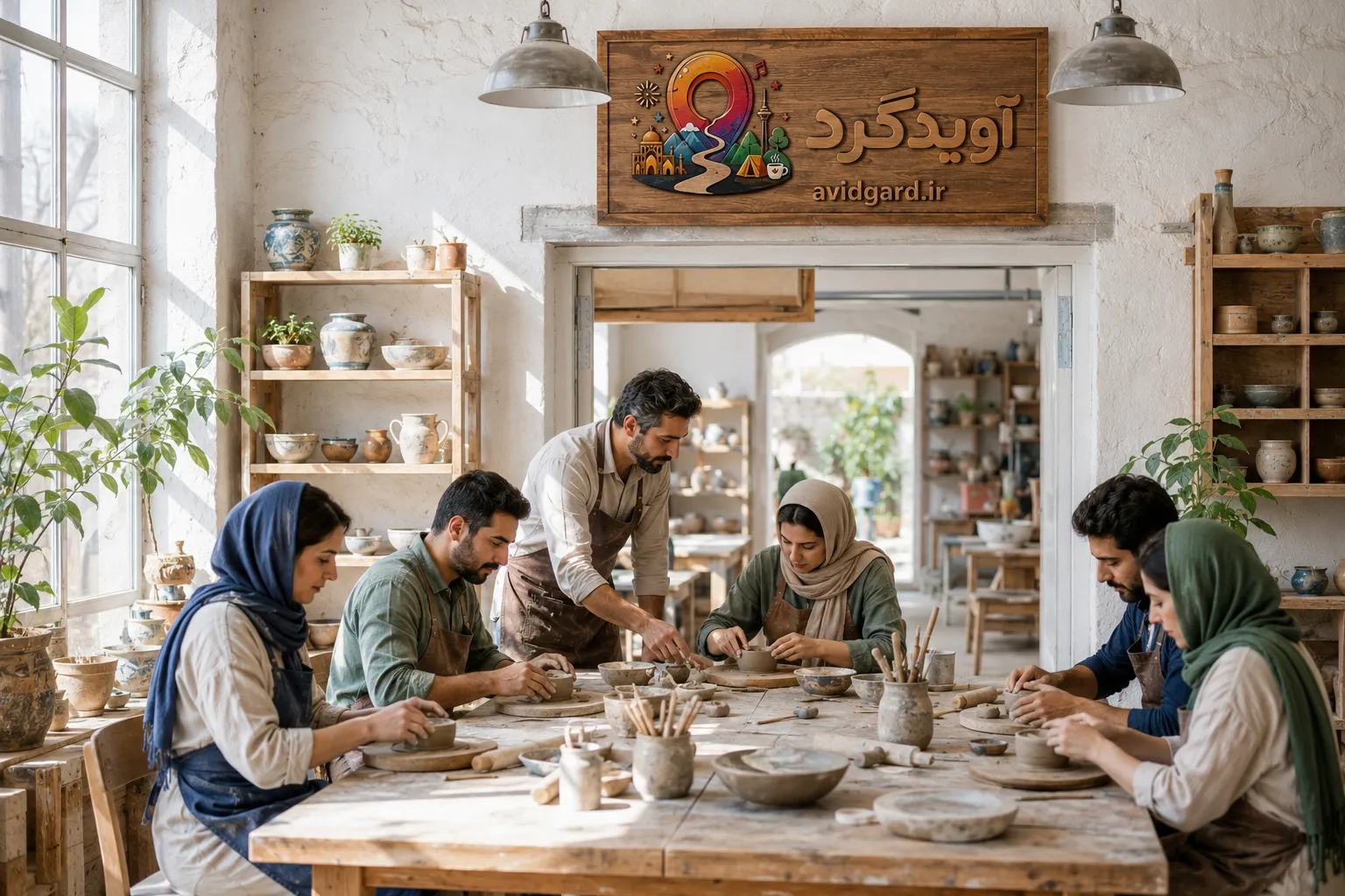 کارگاهِ کوچک و پرنور؛ چند نفر پشتِ یک میز و مدرسی که بینشان می‌چرخد