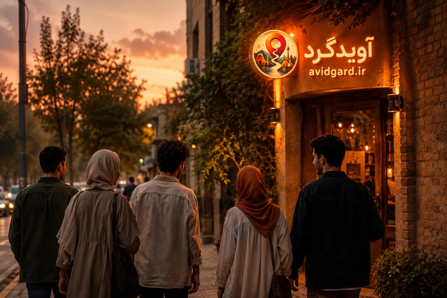 جمعی از دوستان در غروب، در پیاده‌روی شهر به سمت ورودی روشن یک مکان می‌روند