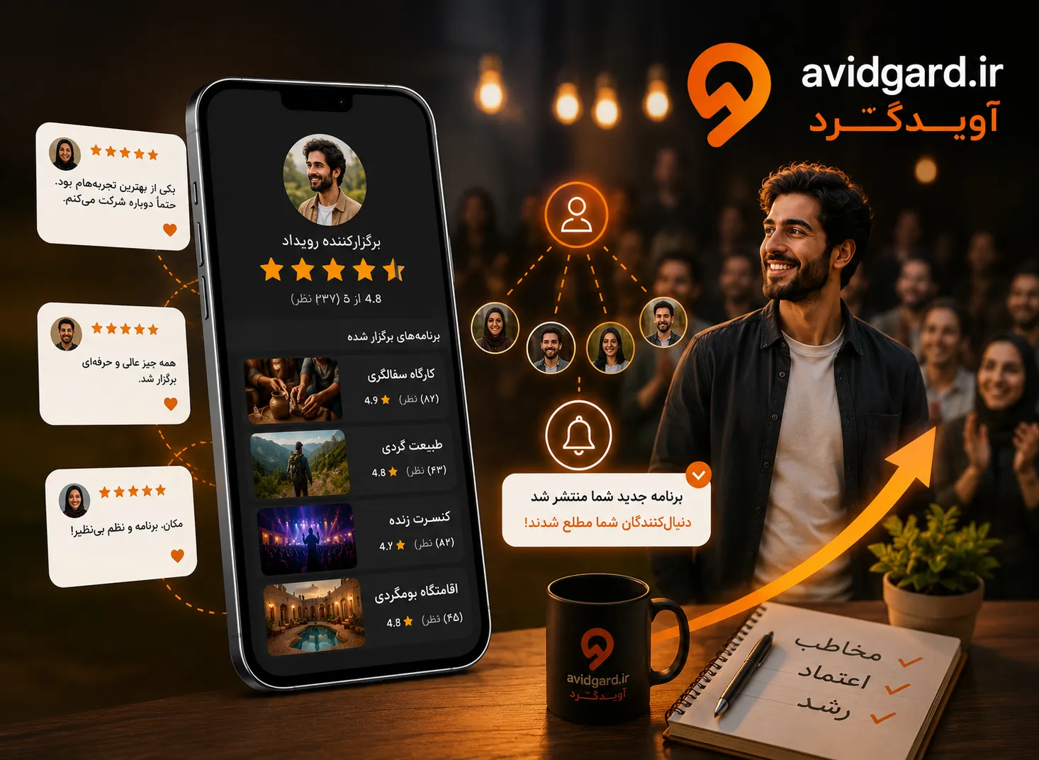 پروفایلِ برگزارکننده با امتیاز و نظرهای واقعی؛ خبرِ برنامه‌ی جدید خودش به دنبال‌کننده‌ها می‌رسد