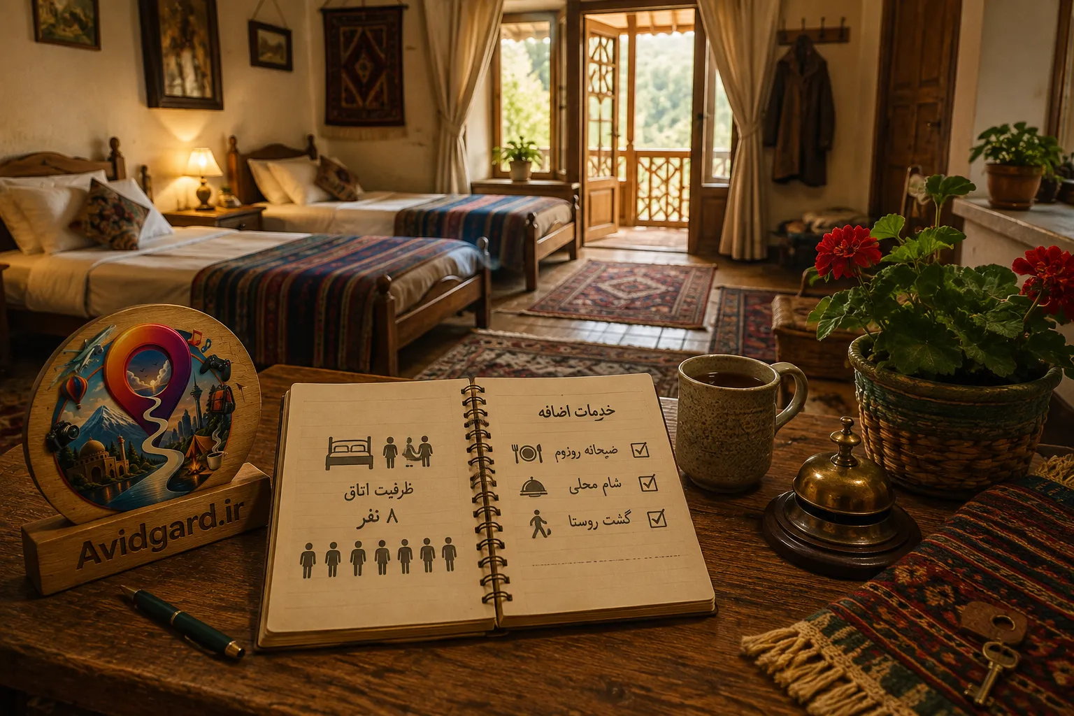 دفترچه‌ی ظرفیت اتاق و خدمات اضافه روی میز اتاق بومگردی، با آرم آویدگرد کنار تخت‌ها