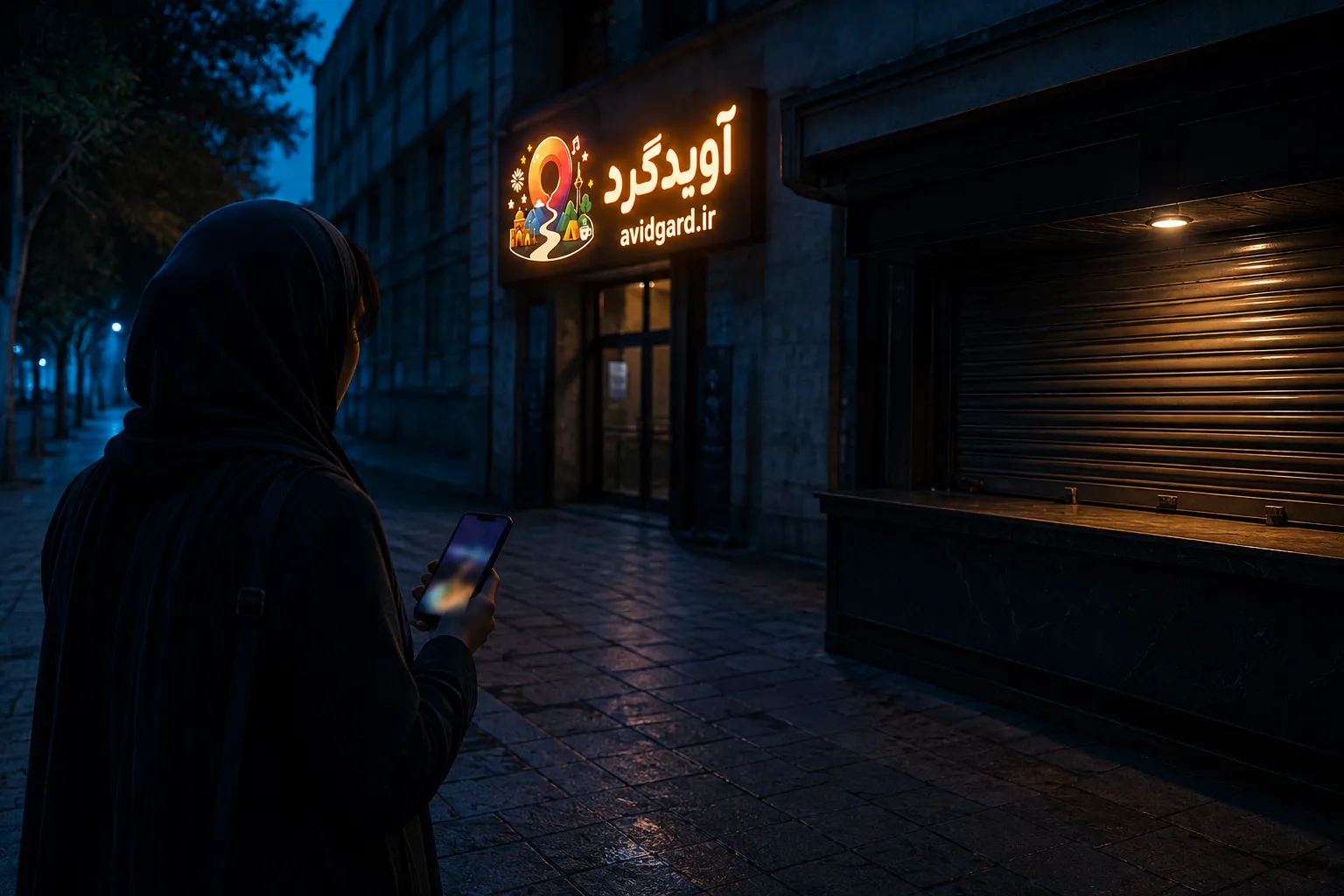 زنی شب کنارِ سالنِ بسته با گوشی در دست؛ قبل از خریدِ بلیت، کنسرت را روی آویدگرد بررسی می‌کند