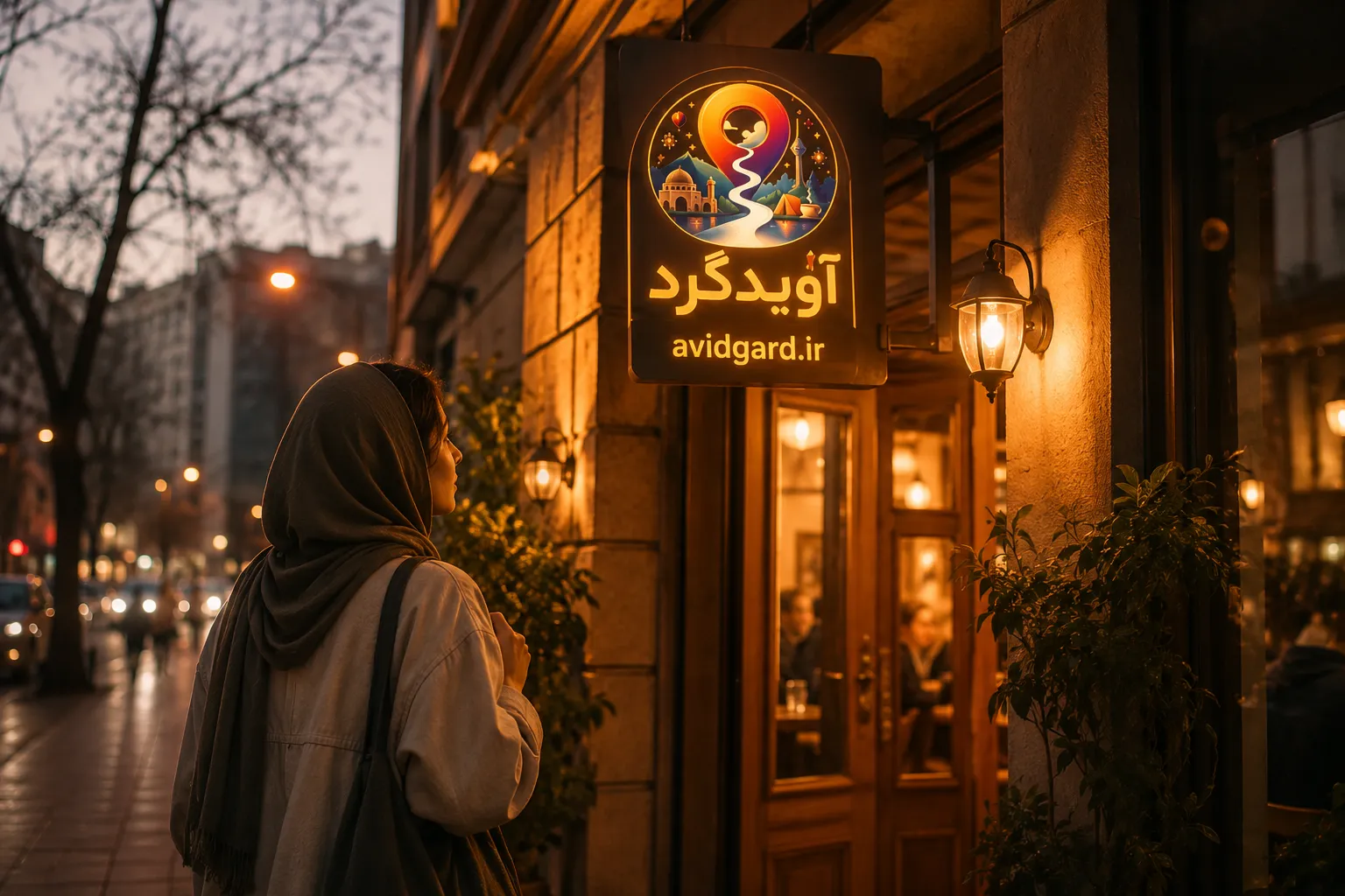 زنی در پیاده‌روی شهر هنگام غروب به تابلوی روشن یک کافه نگاه می‌کند؛ پیدا کردن یک برنامه‌ی نزدیک