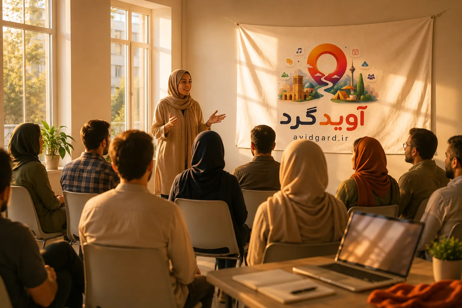 برگزاریِ یک برنامه‌ی واقعی؛ سخنران و مخاطبانِ نشسته زیرِ بنرِ آویدگرد