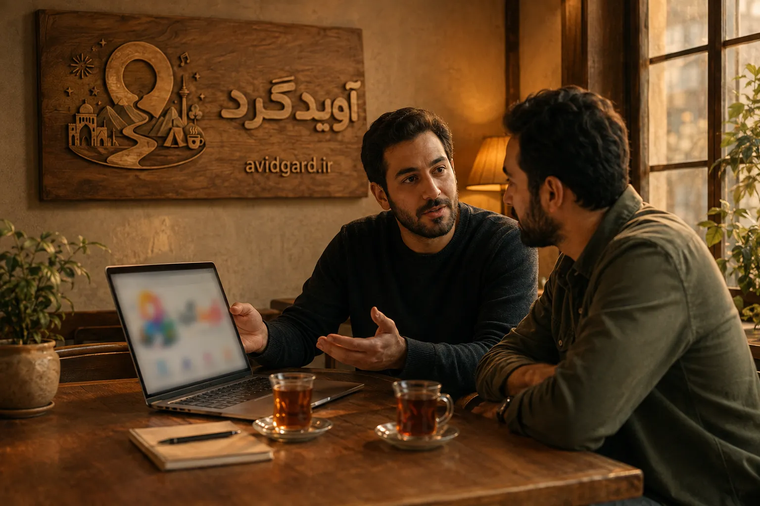 معرفیِ آویدگرد به یک صاحبِ کسب‌وکار؛ گفتگوی رودررو پشتِ میز با لپ‌تاپ و چای