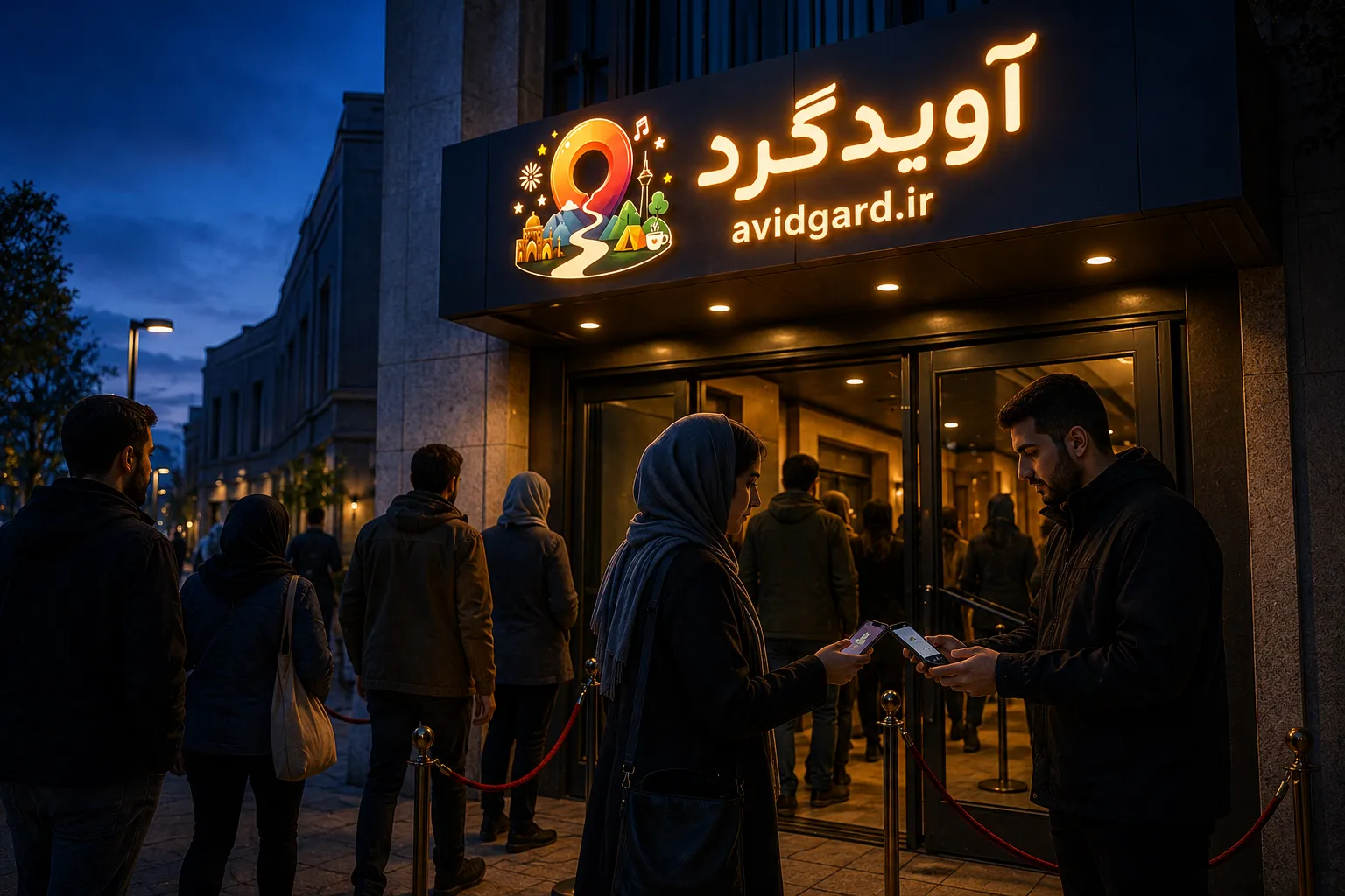 ورودیِ سالنِ کنسرت در شب؛ نشان دادنِ بلیتِ دیجیتال روی گوشی دمِ در و صفِ کوتاهِ ورود