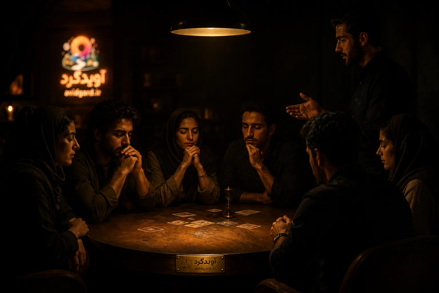 شبِ مافیا با گرداننده؛ جمعی دورِ میز در نورِ کمِ یک چراغ