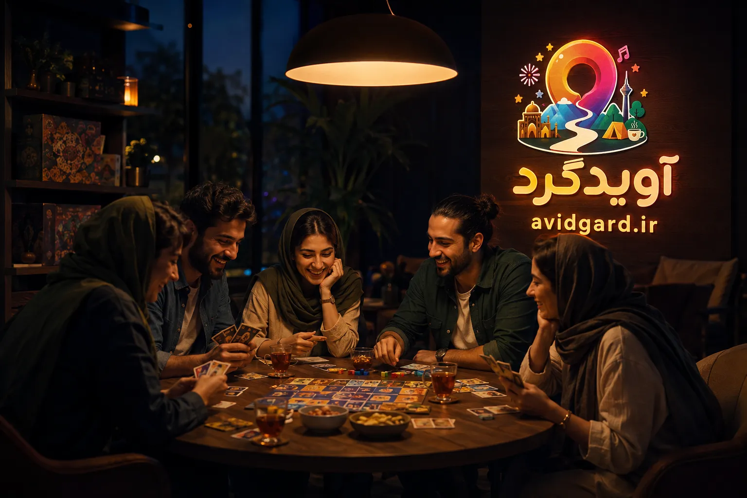 شبِ بازیِ گروهی در کافه؛ جمعِ دوستانه دورِ میز با ورق و بردگیم